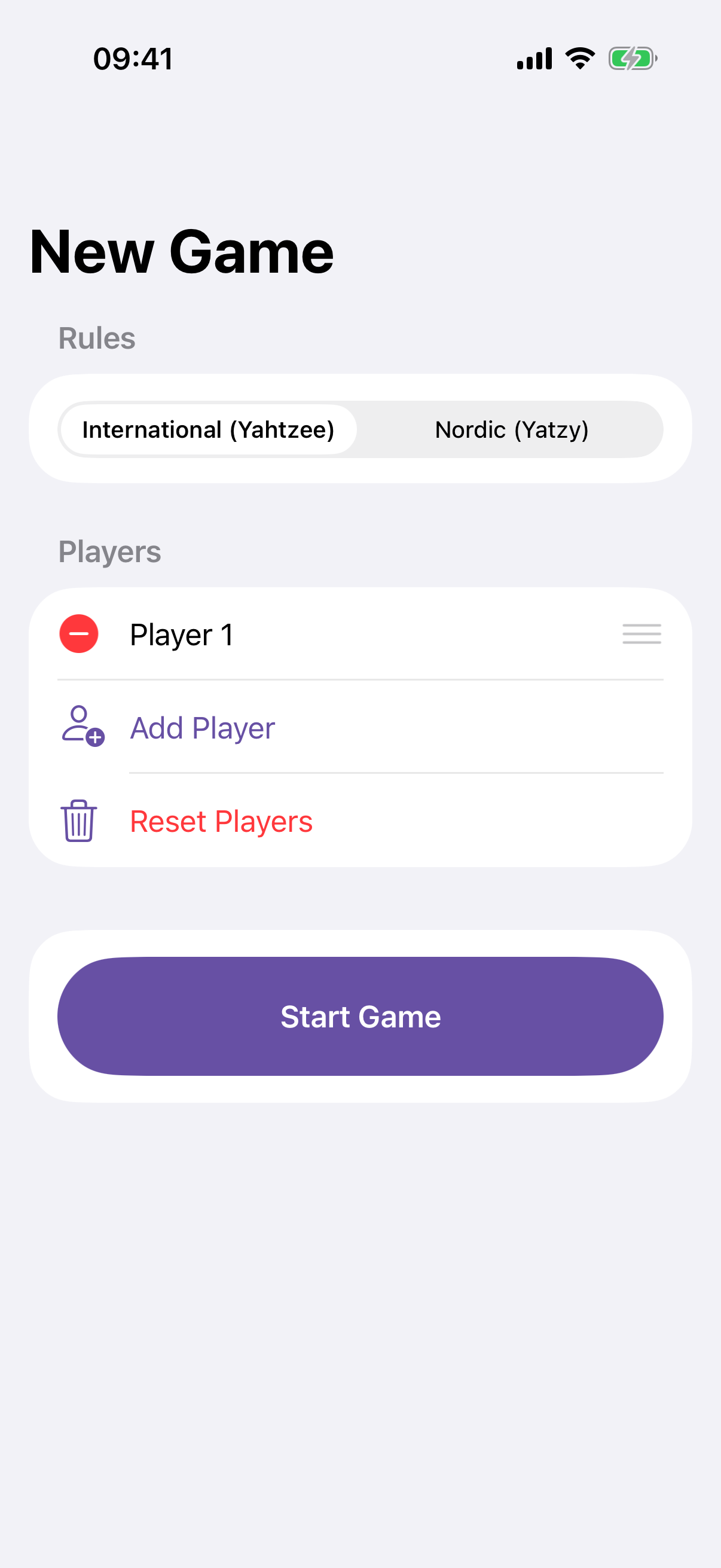 Yatzy new game setup with rule selection and player controls.